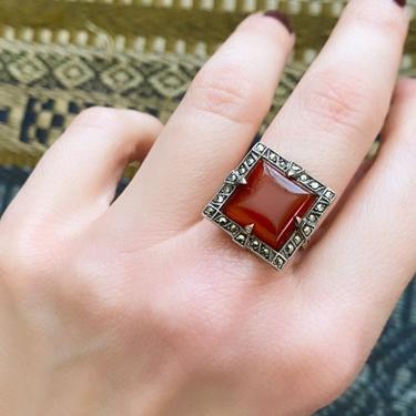1930s Ring // Carnelian Sterling Silver Marcasite Deco Ring // vintage 30s ring 