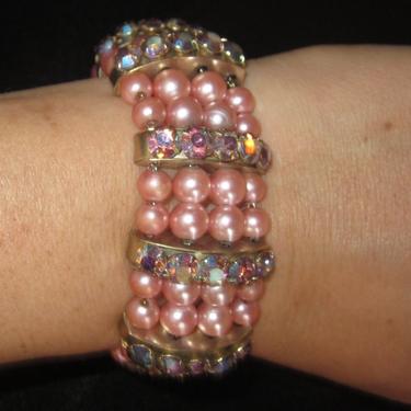 Vintage Faux Pink Pearl Beads and Aurora Borealis Rhinestone Multistrand Bracelet-Pretty in Pink 