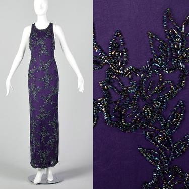 XS Beaded Evening Dress Silk Iridescent Purple Fully Lined Sleeveless Scoop Neck 1990s Vintage Dress Side Slit 