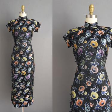 vintage 1950s dress | Gorgeous Floral Silk Cocktail Party Cheongsam Pencil Skirt Dress | Small | 50s vintage dress 
