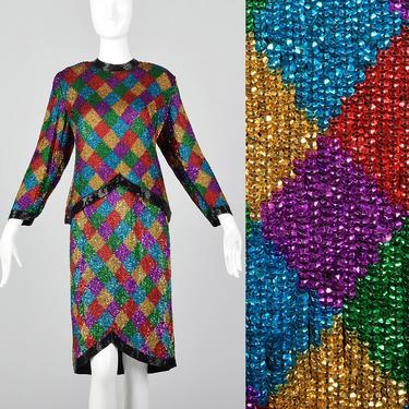 Small Colorful Silk Sequin Two Piece Skirt Set Green Purple Blue Red Gold Black Beading Back Zip Long Sleeve Vintage 1990s Womens Separates 