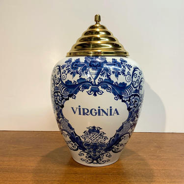 tobacco jars williamsburg Mid 20th Century Delft Large Maryland Jar With Lid by Oud in Holland Style the pattern features hibiscus and pomegrante motifs Original Delft Royal Maryland Tobacco