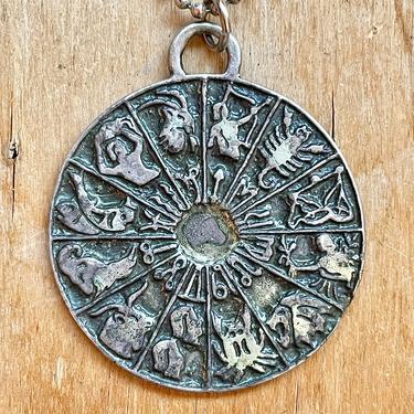 Vintage Sterling Zodiac Wheel Pendant Necklace Horoscope Jewelry Astrological Gifts 