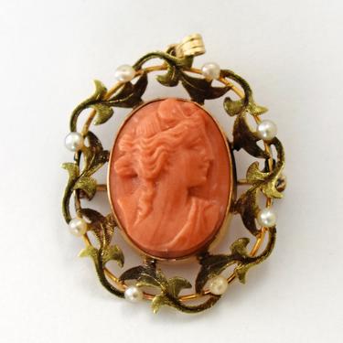 40's coral cameo pearls 14k gold oval pendant pin, ornate antiqued gold leaves seed pearls woman's portrait statement brooch 