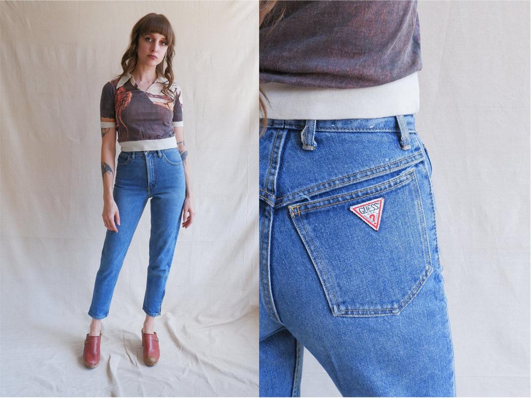 Guess 1980s Vintage Black Ankle Zipper High Waisted Jeans Womens