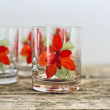Poinsettia Lowball Glasses Set of 4 | Red Flower Low Ball Glasses | Bar Glasses | Vintage Bar | Festive Bar Gift 