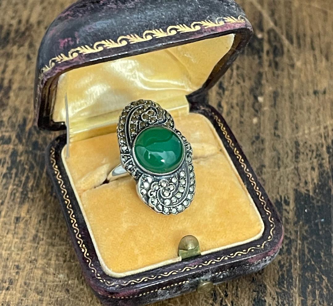 925 Silver Marcasite Jade store Sapphire Jewel large Cocktail Ring