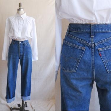 Vintage 80s Levi 501 Denim/ 1980s High Waisted Button Fly Straight Leg Jeans/Shrink to Fit/ size 11 28 