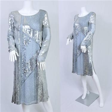 1980's Slate Blue Silk Beaded Shift Dress I Silver Bugle Beads I Sz Med I Swee Lo 