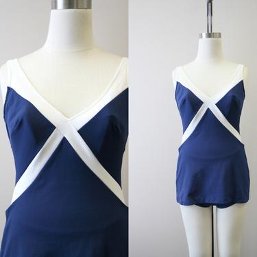 1960s Robby Len Navy and White Swimsuit 