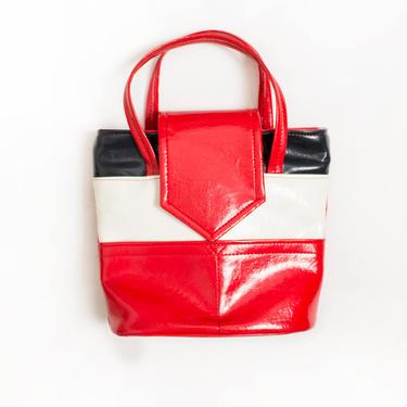 Vintage 1960s Purse - Color Blocked Red White &amp; Blue Vinyl Faux Patent Leather Hand Bag 