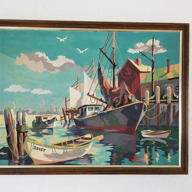 Leo Davey Colorful Vintage Fishing Boats in Harbor Abstract Painting . 