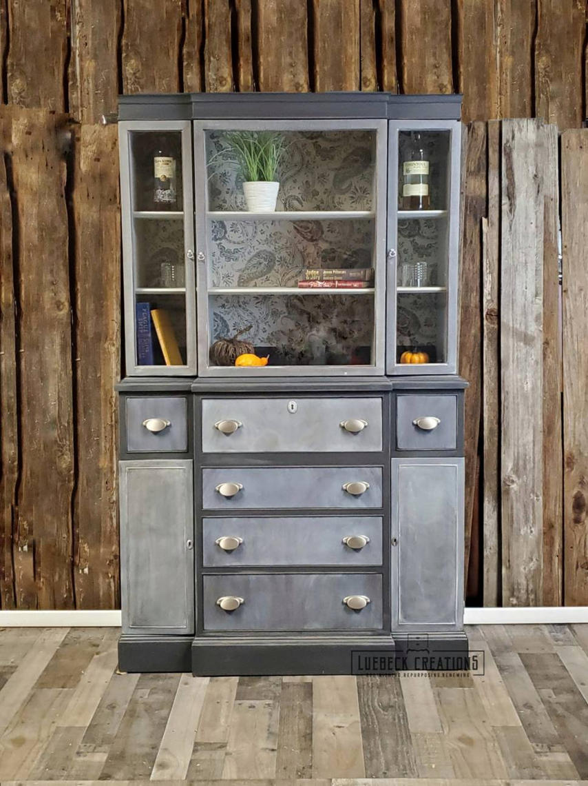 Refinished Mahagony China Hutch. Secretary Desk. Drop down front. Wood