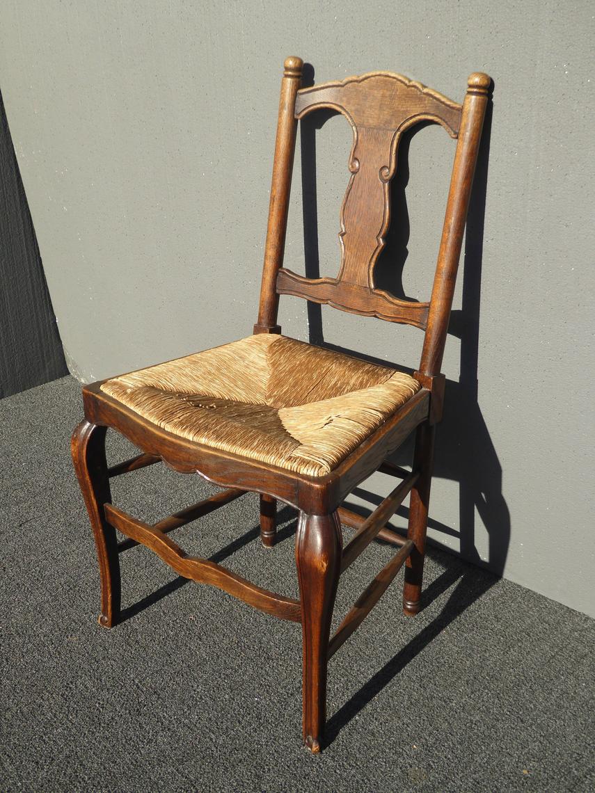 Vintage French Country Style Oak Wood Rush Seat Accent Chair Vintage