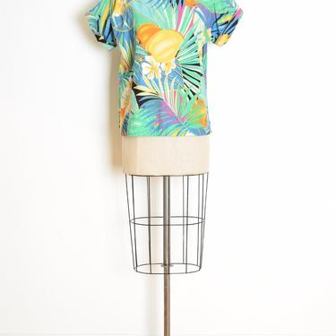 vintage 80s top Hawaiian print floral fruit blouse shirt aloha clothing L 