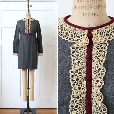 vintage 1960s 70s babydoll dress • gray wool & lace ruffles belted empire waist minidress 