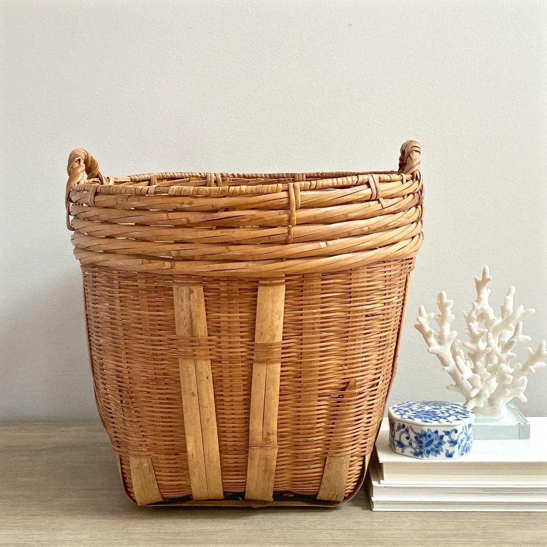 Large Basket Planter 15" Woven Rattan Bamboo Wicker Cane Handled Mod
