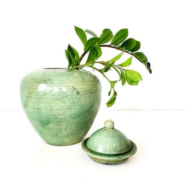 Vintage Pottery Green Crackle Glaze Urn 