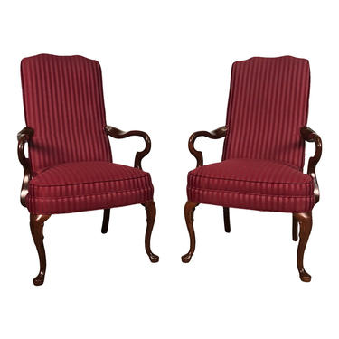 Queen Anne Mahogany Accent Chair With Burgundy Stripe Fabric ~ A Pair 
