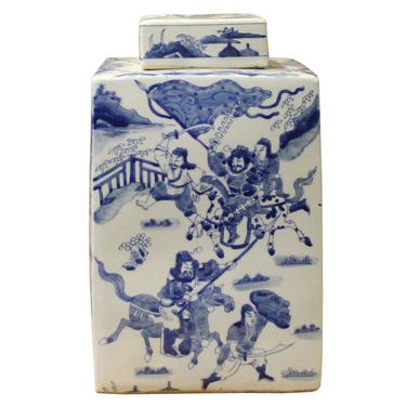 Chinese Blue White Square Porcelain People Scenery Accent Jar cs5203E 