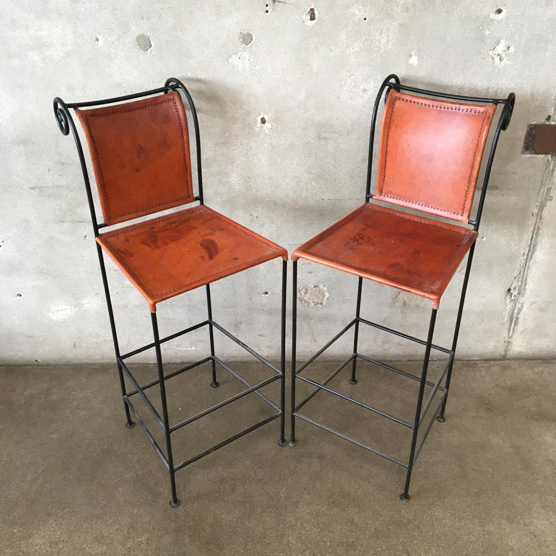 Pair of Leather and Wrought Iron Bar Stools Urban Americana