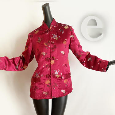 Reversible 1950s 60s Asian Coolie Jacket • Vintage Cranberry Red Black Chinese Silk Satin • Rockabilly Pin Up Robe Coat • Pockets in and out 