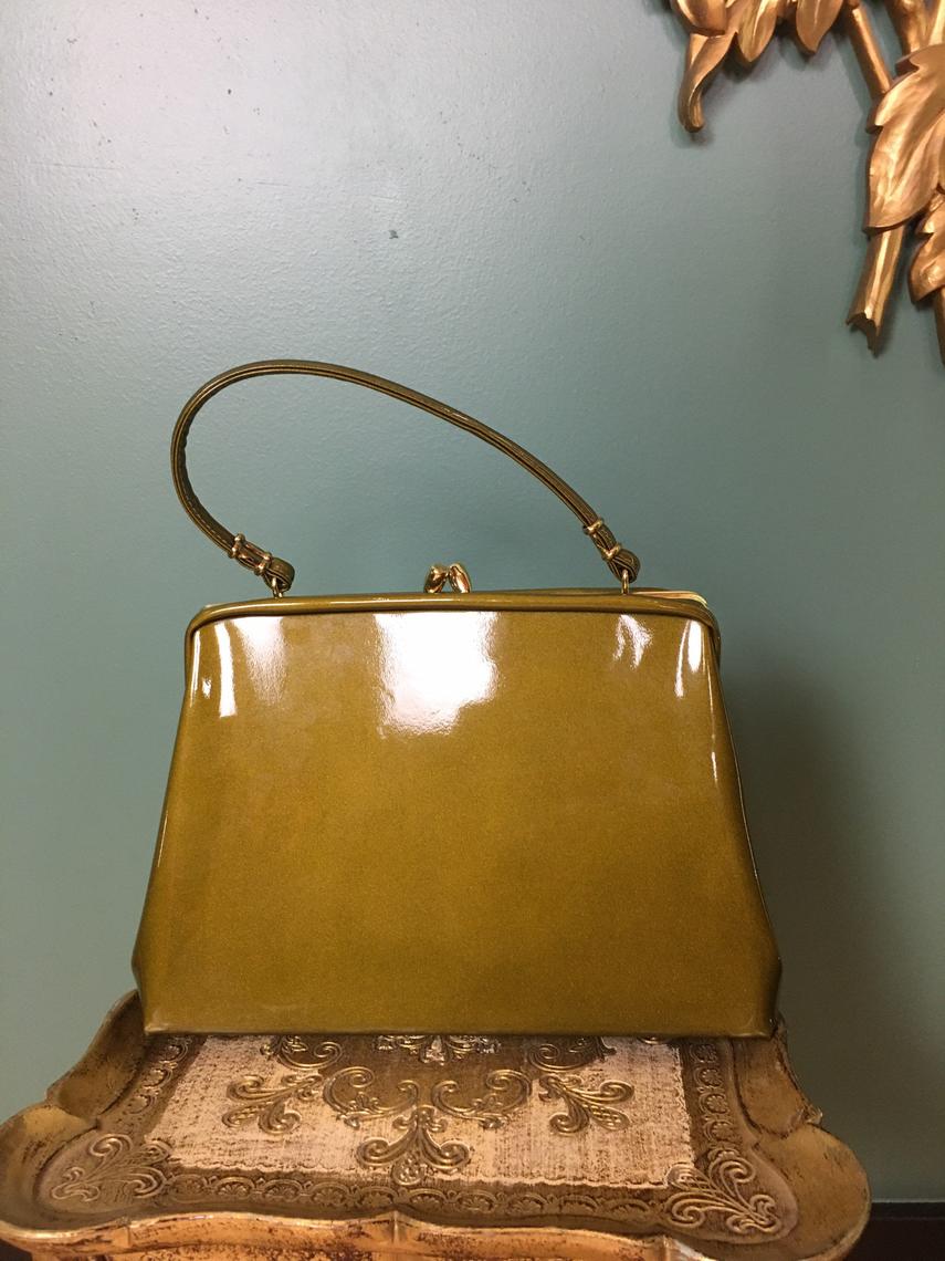 RARE Vintage 50s 60s Olive Green Leather Handbag with Gold Arrow Hardware |  Pinup Mod Mid Century Modern Mad Men