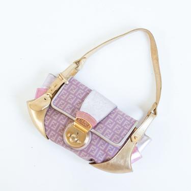 Vintage FENDI Borsa Tuc Zucchino Jacquard Baguette Bag in Pink + Metallic Gold and Purple Zucca Shoulder Purse Y2K Lock and Key 