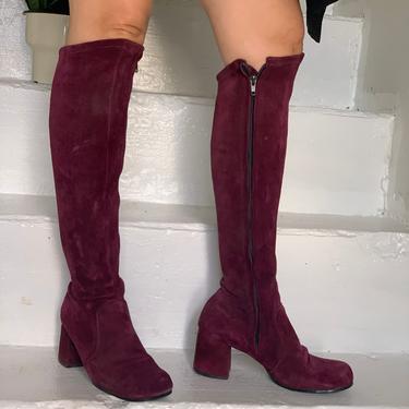 Trippy Early 1970s Plum Suede Tall Boots Chunky Heel Size 6 Medium Vintage 