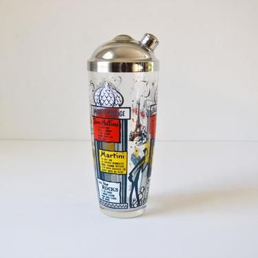 Vintage Glass Cocktail Shaker with Paris Theme &amp; Classic Drink Recipe Graphics by Hazel Atlas, Retro Barware 