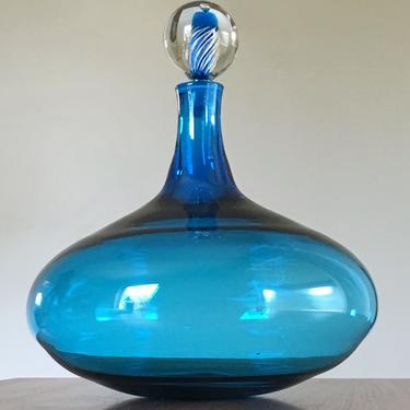 Blenko #6716 decanter by Joel Myers in teal with airtwist Sommerso style stopper 