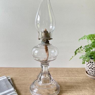 Antique Glass Oil Lamp - White Flame Oil Co. - Vintage Oil Lamp - Clear Glass Pedestal Oil Lamp - Hurricane Lamp - Grand Rapids, Michigan 