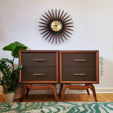 Mid-century Modern Nightstands with sculpted walnut bases 