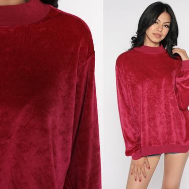 Raspberry Velour Shirt 80s Sweatshirt Slouchy Sweater Long Sleeve 1980s Retro Boho Pullover Jumper Red Extra Large xl 