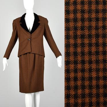 Small 1980s Oscar de la Renta Skirt Suit Brown Black Check Wool Velvet Lapels 