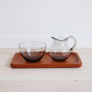 Vintage Scandinavian Modern Sowe Sovestad Smoked Grey Glass Milk and Sugar Containers with Teak Tray 