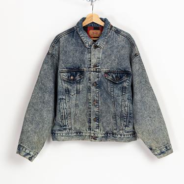 80s Levi's Buffalo Plaid Flannel Lined Jean Jacket - Extra Large | Vintage Unisex Made In USA Acid Wash Denim Trucker Jacket 
