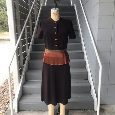 1940’s Brown Wool Peplum Dress