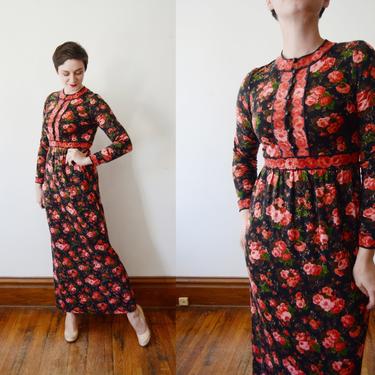 1970s Goldworm Rose Wool Jersey Maxi Dress - S/M 