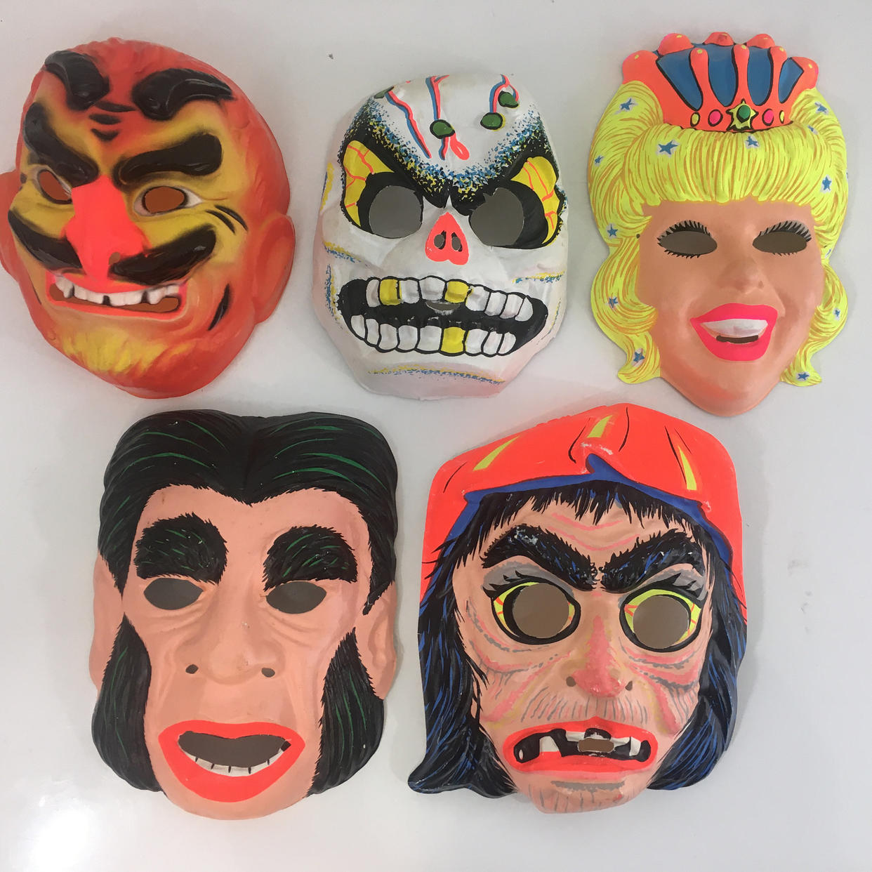 Vintage Halloween Mask Set of Five (5) Witch Skeleton | Check