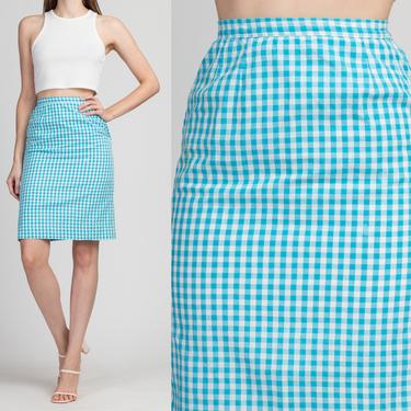 70s Blue Gingham Mini Pencil Skirt - Extra Small, 23.5&amp;quot; | Vintage High Waist Retro Preppy Skirt 