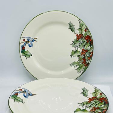 Vintage set (2) of Gien France 10&quot; Dinner Plates Le Houx--Holly w/Berries and Ribbons- Great Condition 