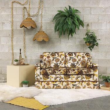 LOCAL PICKUP ONLY Vintage Love Seat Retro 1970s Velour Flower Print Love Seat + Sofa + Creme + Yellow + Orange + Brown + Black + Piped Seams 