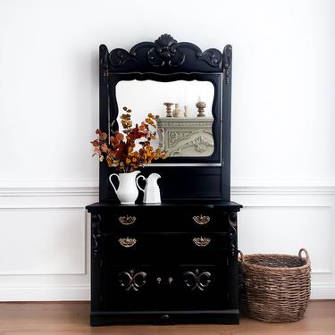 Antique Dresser with Mirror. Eastlake Furniture. Victorian Chest of Drawers. Black Painted Washstand. Farmhouse Bedroom Storage 