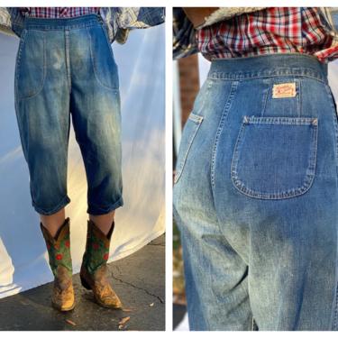 1940s Jeans / Side Zip Sanforized Denim / Forties Happy Jill Denim / Fifties Rockabilly Jeans / Cropped Dungarees / Forties Ranchwear 