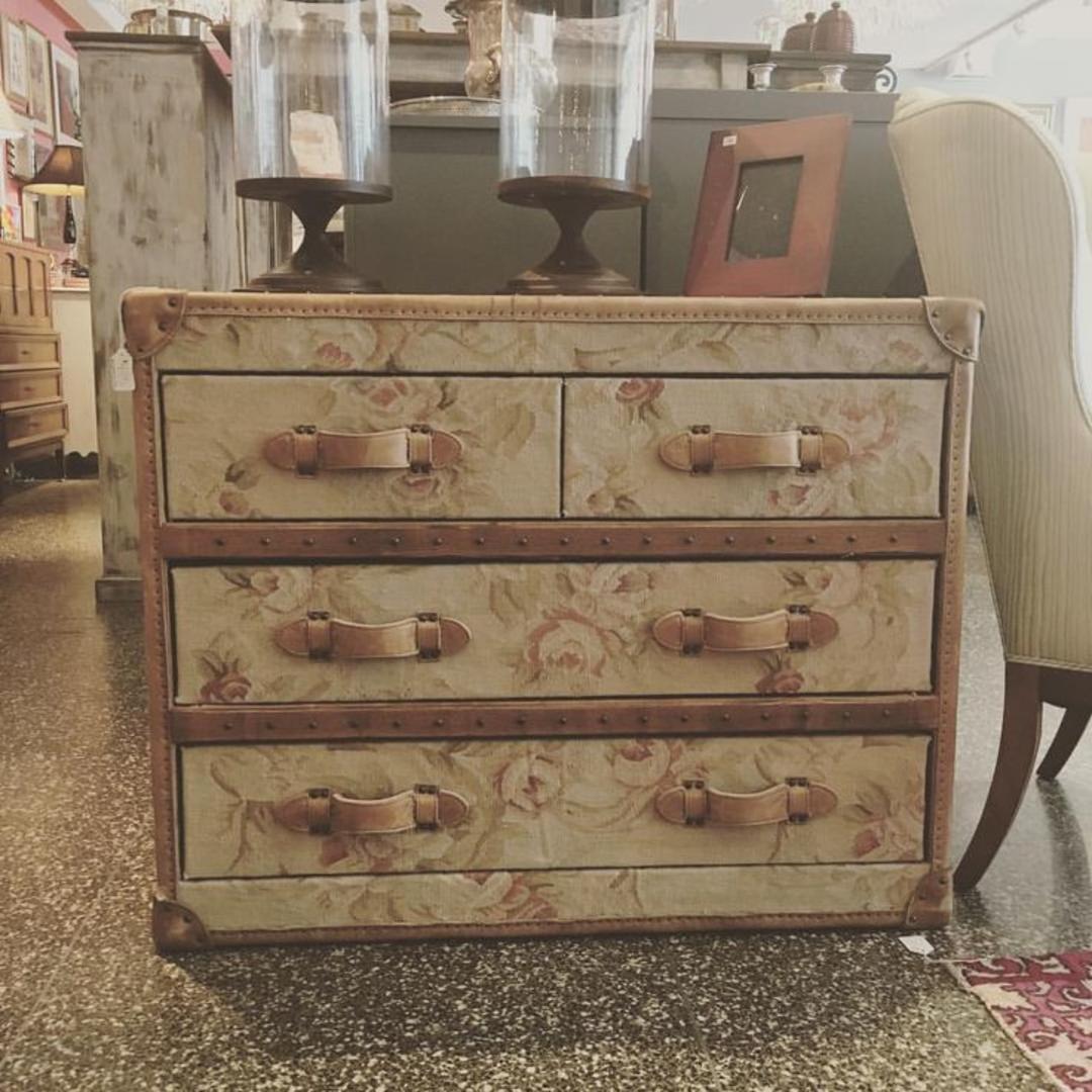 Four Drawer Fabric Covered Dresser With Nailhead And Leather