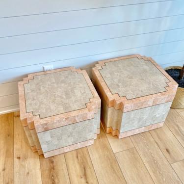 1990s Hollywood Regency Tessellated Stone Cube Side Tables - a Pair 