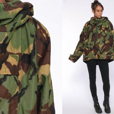 Camouflage Jacket Hooded Army Jacket 80s Coat Military Camo HOOD Commando Cargo Olive Drab Green Hoodie 1980s Vintage Medium Large 