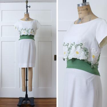 vintage early 1960s dress • white &amp; green tailored linen dress with floral appliqué 