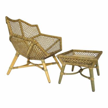 Baker / McGuire Organic Modern Rattan and Leather Chord Outdoor Nozomu Lounge Chair and Ottoman Set